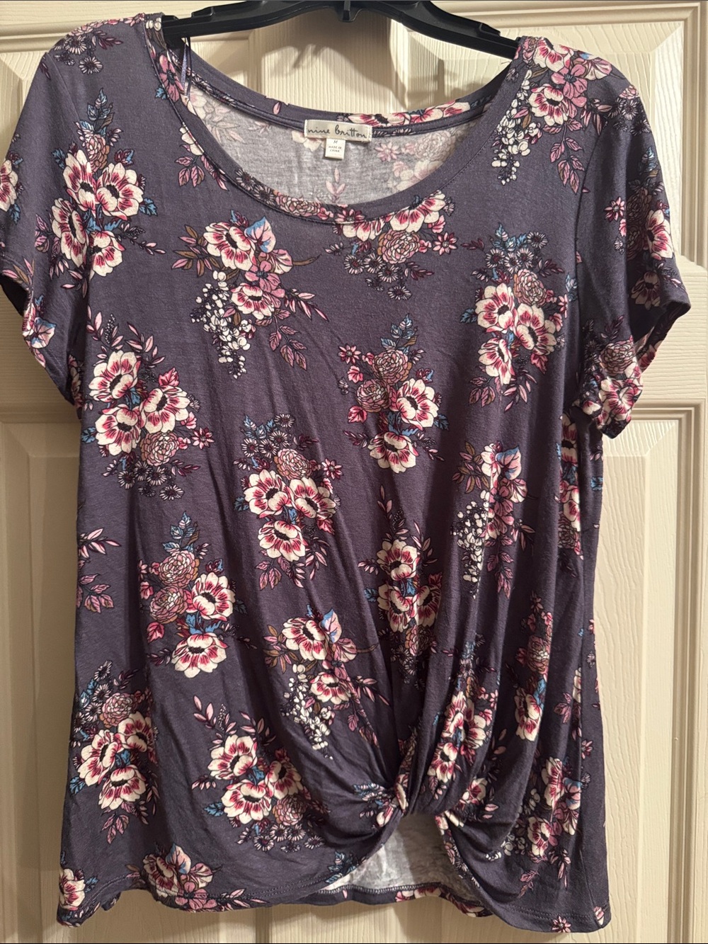 Nine Britton Purple Floral Twist-Front Short Sleeve Tee